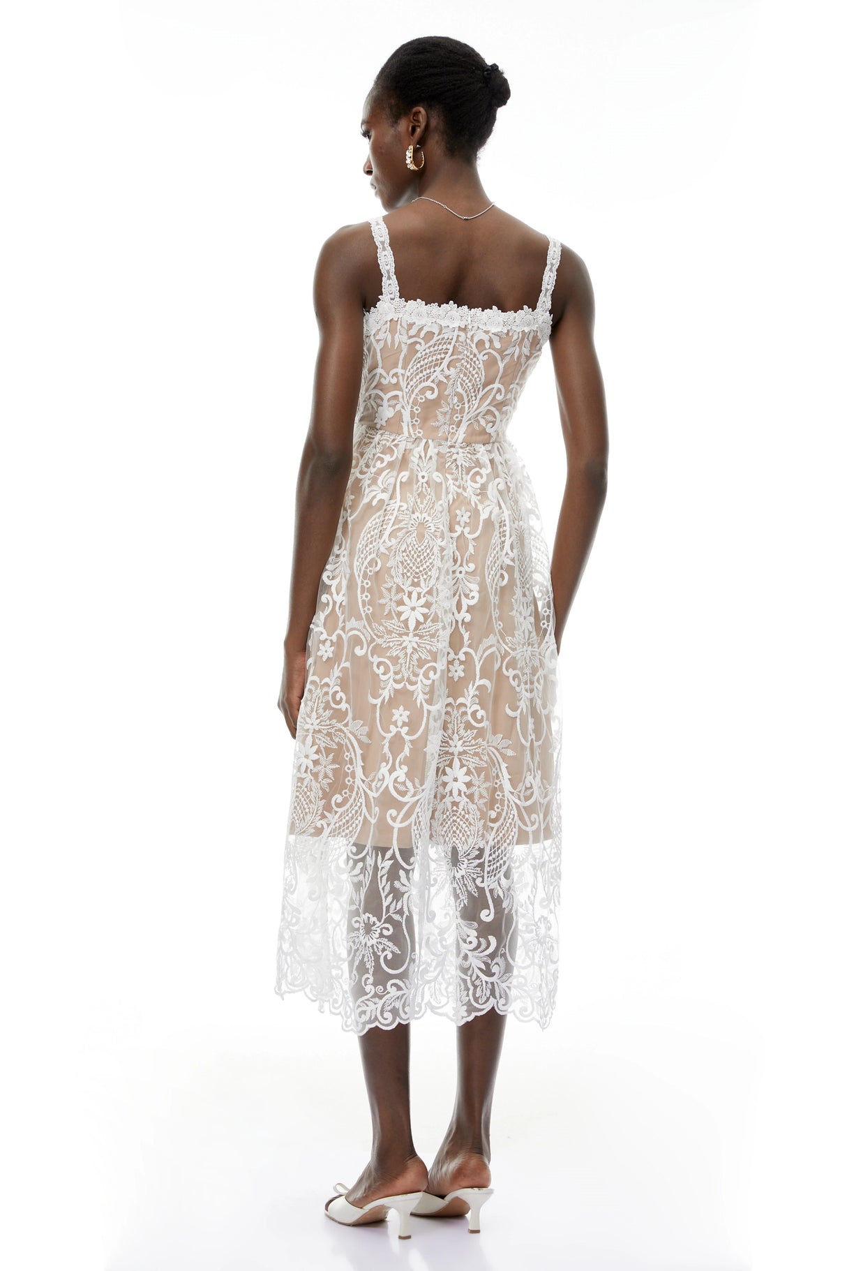 Hermione White Floral Embroidered Lace Midi Dress