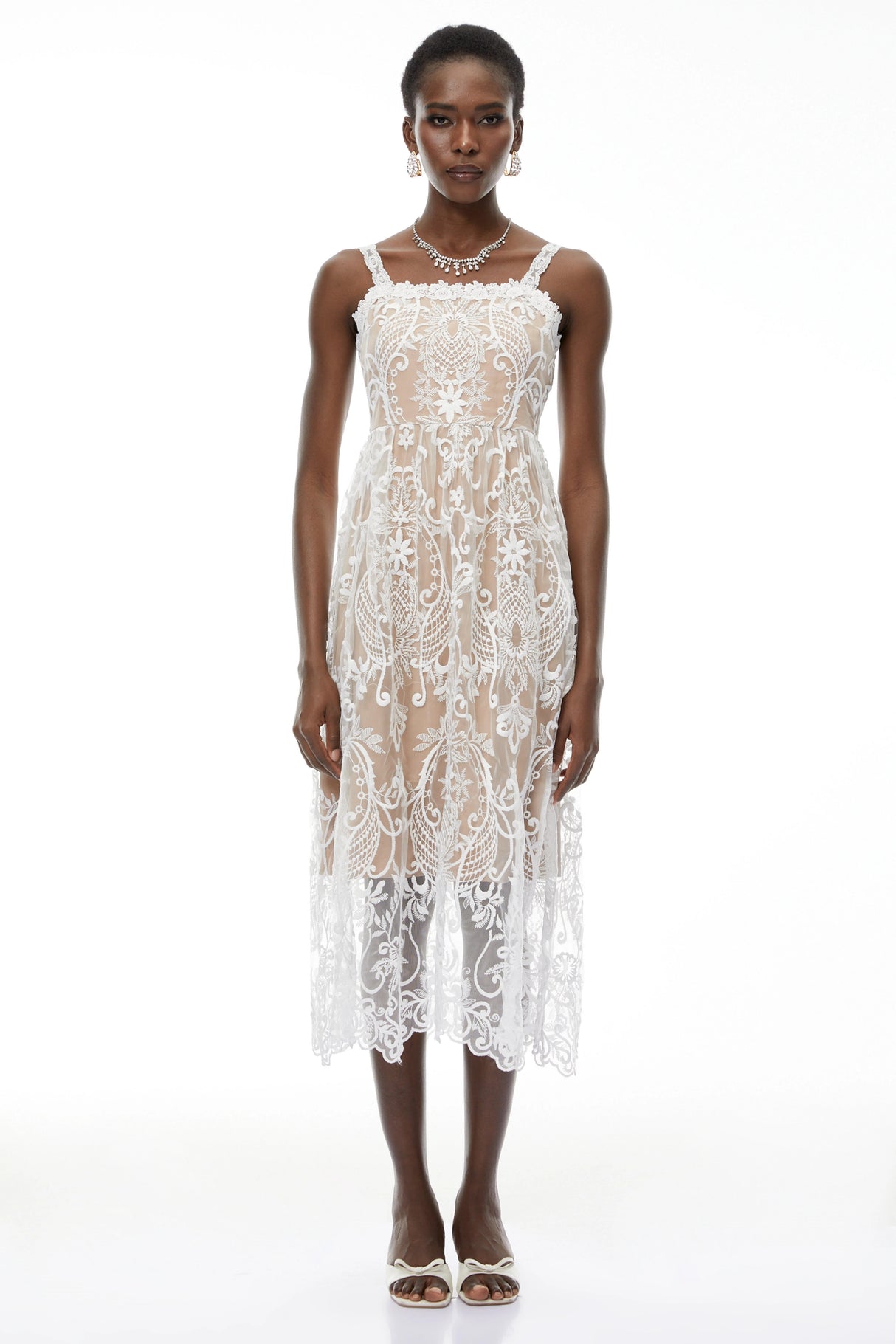 Hermione White Floral Embroidered Lace Midi Dress