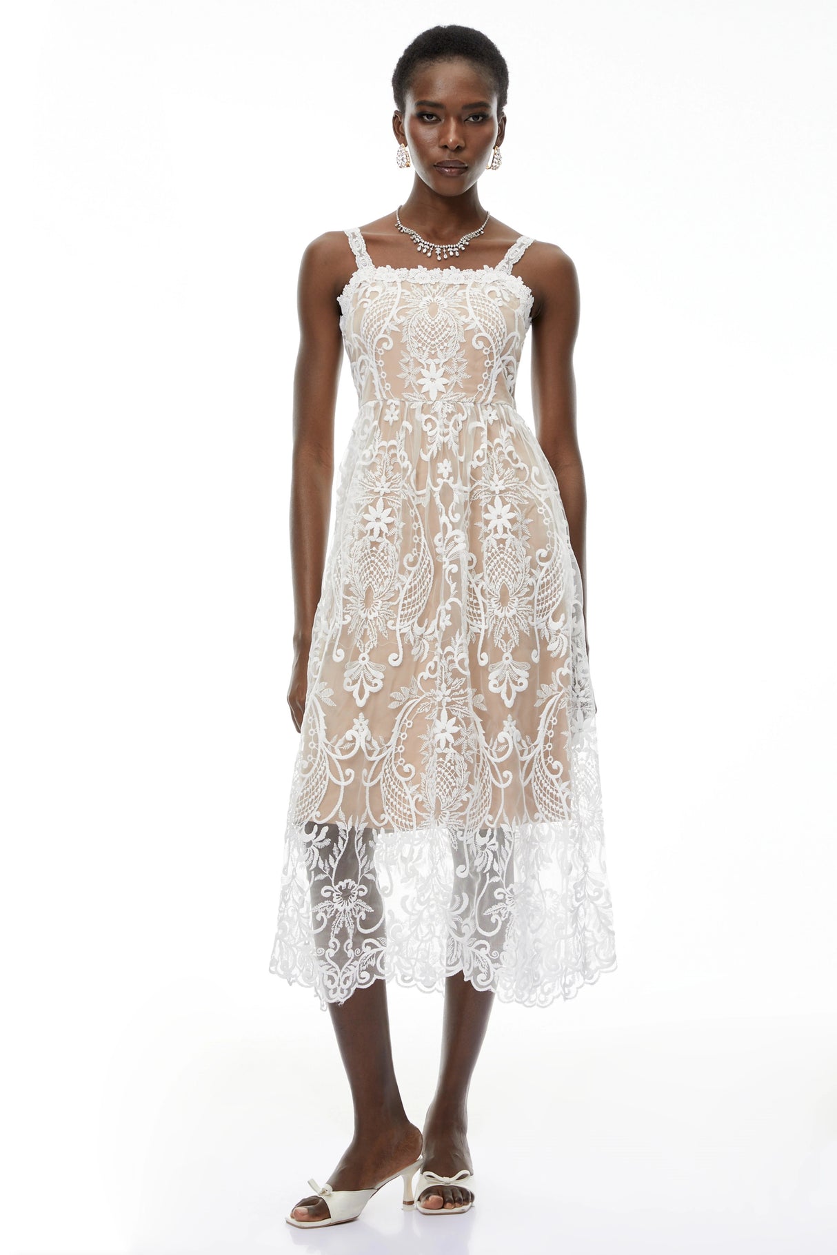 Hermione White Floral Embroidered Lace Midi Dress
