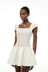 Hermione White Square Neck Mini Dress with Lace Panels