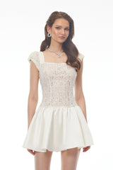 Hermione White Square Neck Mini Dress with Lace Panels