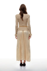 Hermosa Gold Metallic Knit Pleated Maxi Dress