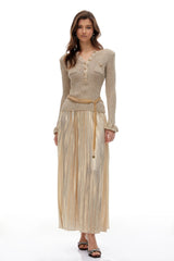 Hermosa Gold Metallic Knit Pleated Maxi Dress