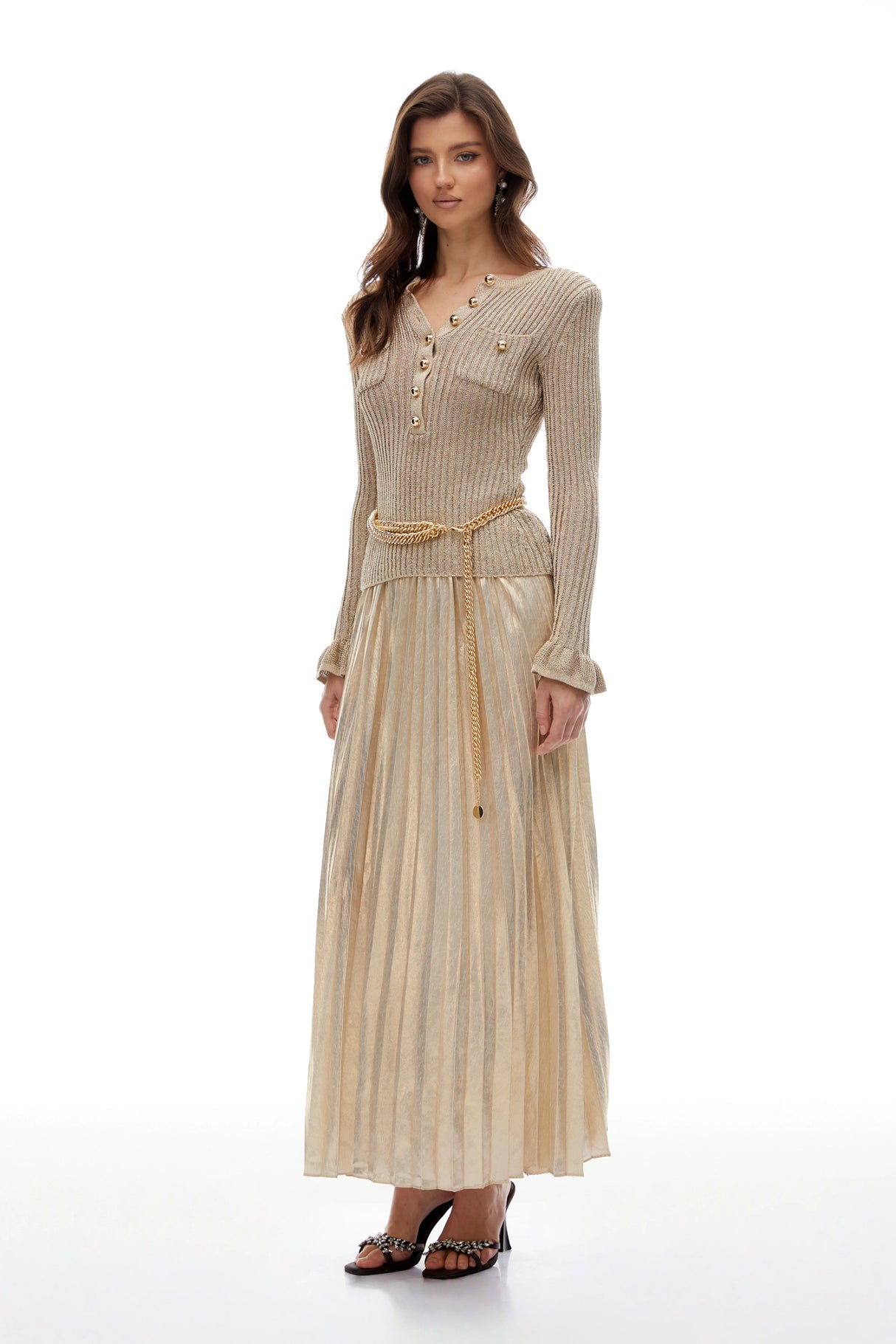 Hermosa Gold Metallic Knit Pleated Maxi Dress