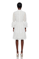 Hespera White Ruffled Floral Lace Mini Dress