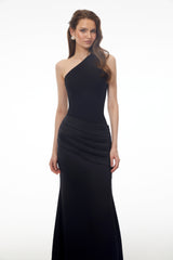 Hestia Black Ruched Maxi Dress with Satin Panels