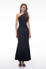 Hestia Black Ruched Maxi Dress with Satin Panels
