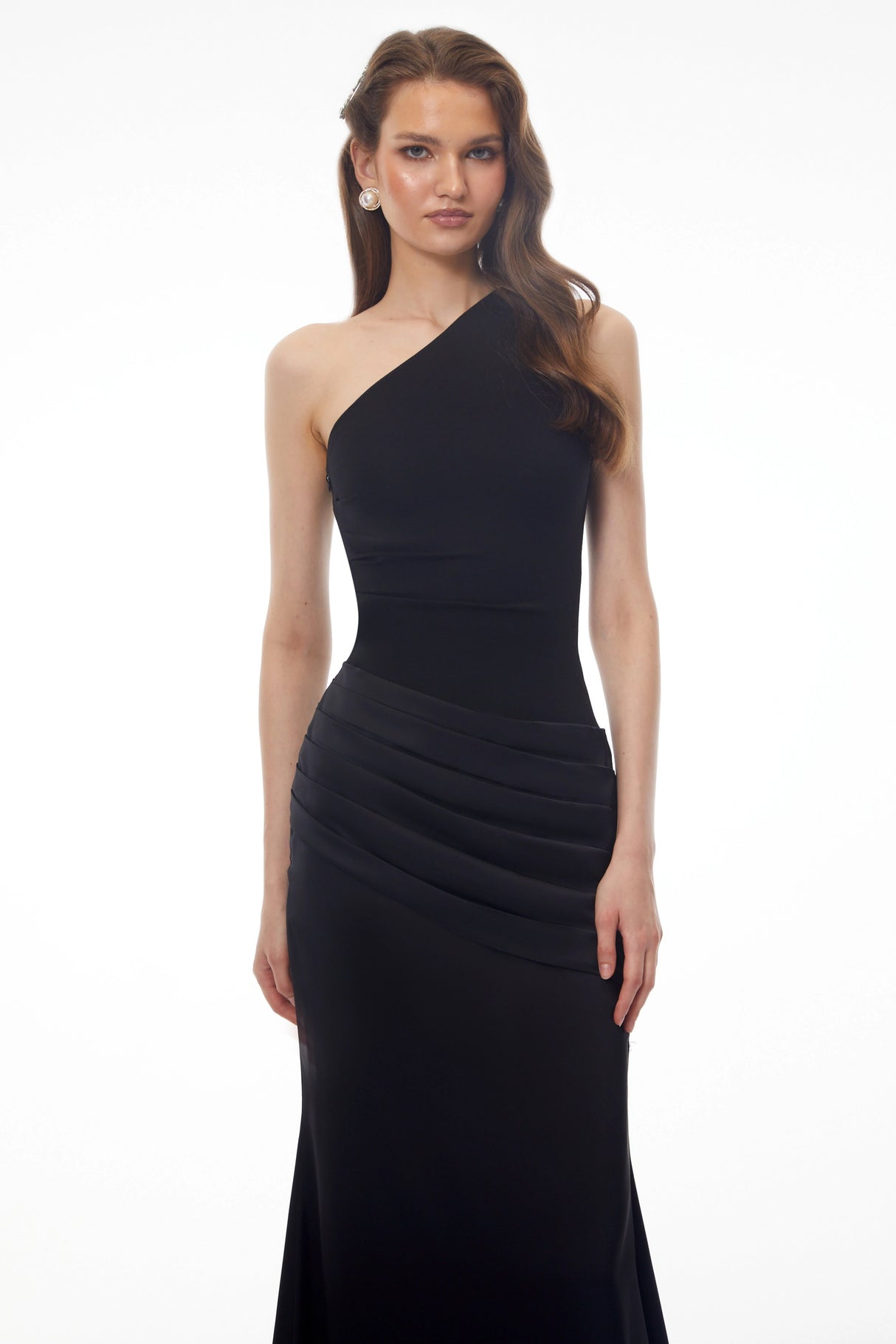 Hestia Black Ruched Maxi Dress with Satin Panels