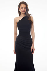 Hestia Black Ruched Maxi Dress with Satin Panels