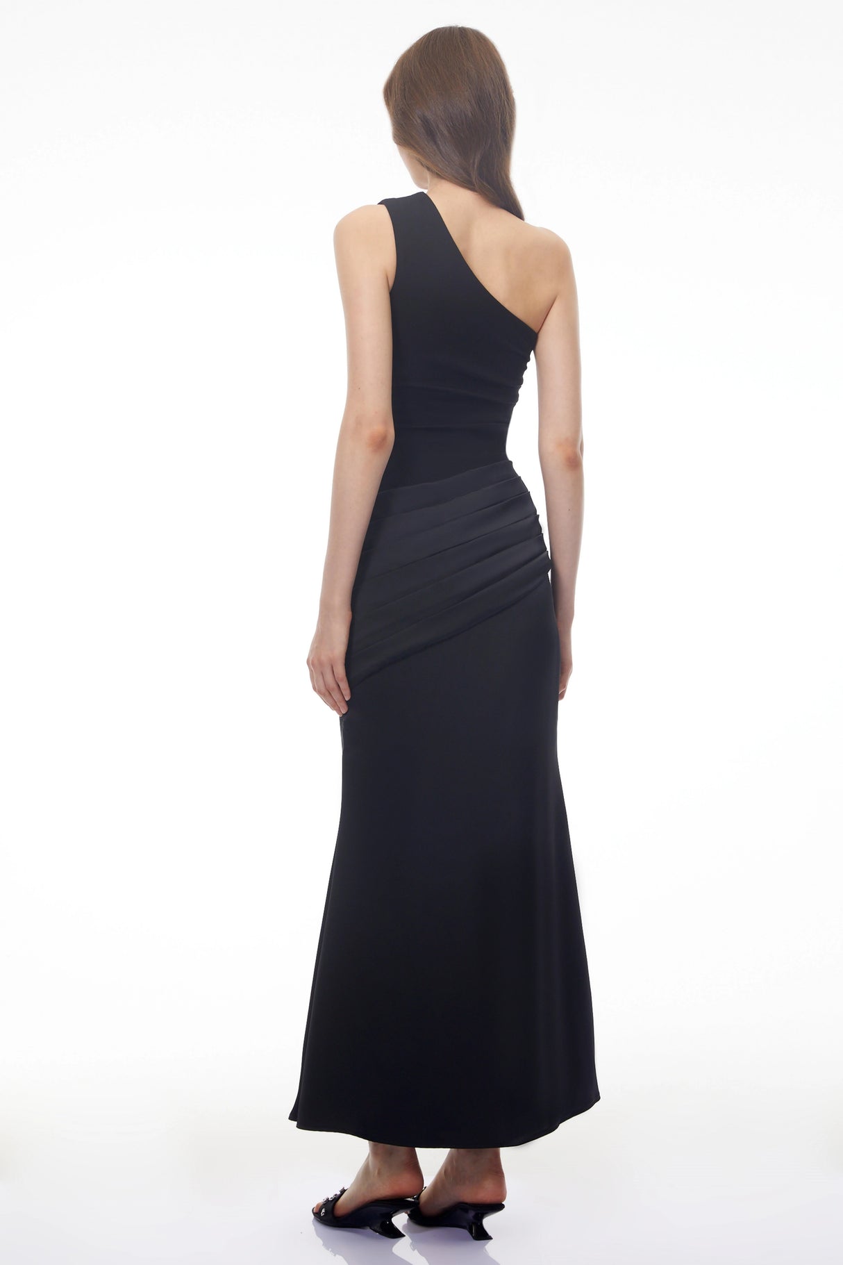 Hestia Black Ruched Maxi Dress with Satin Panels