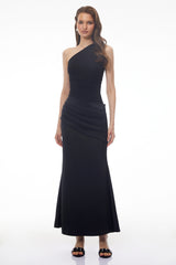 Hestia Black Ruched Maxi Dress with Satin Panels
