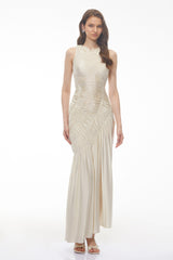 Hestia Champagne Ruched Asymmetrical Maxi Dress