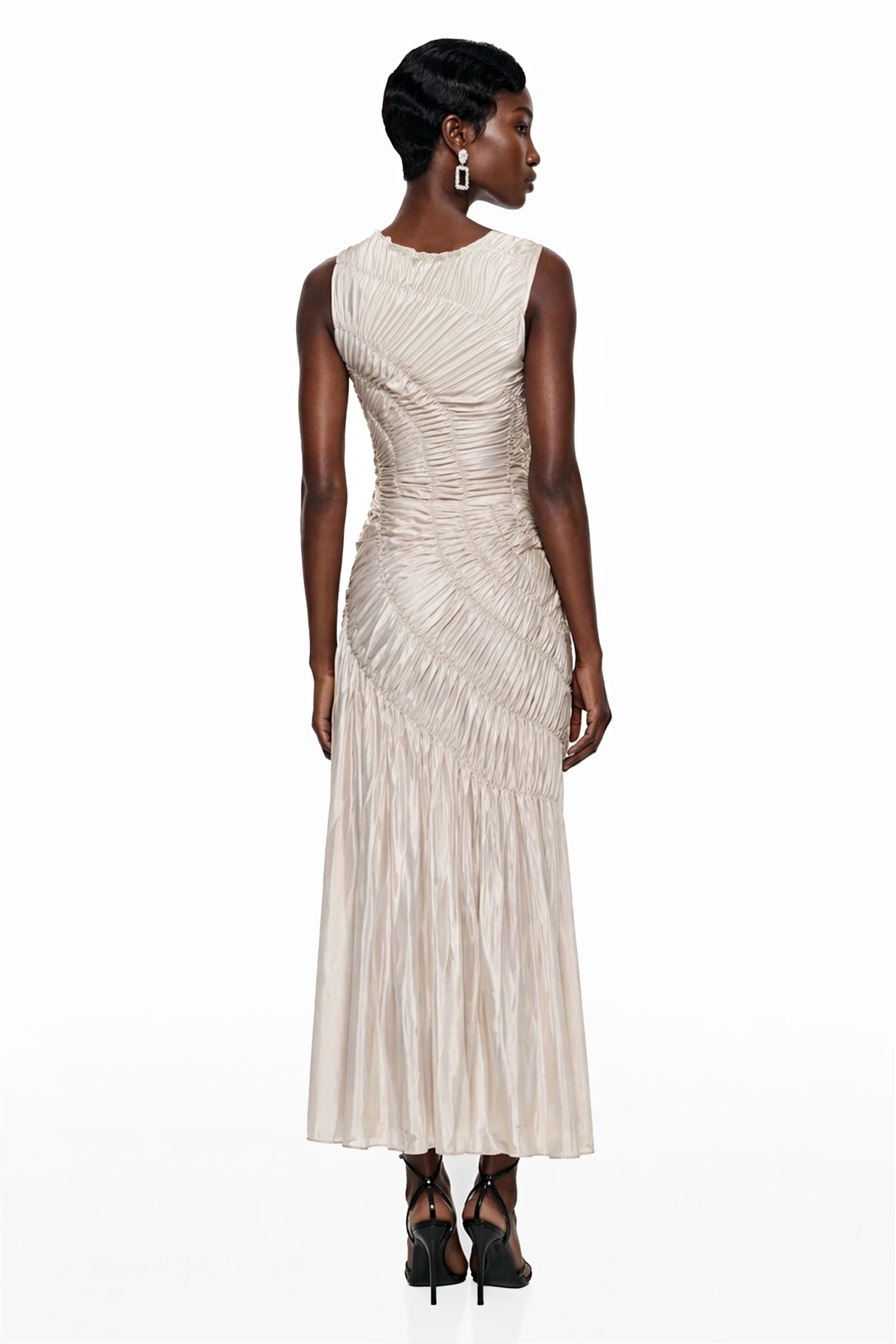 Hestia Champagne Ruched Asymmetrical Maxi Dress