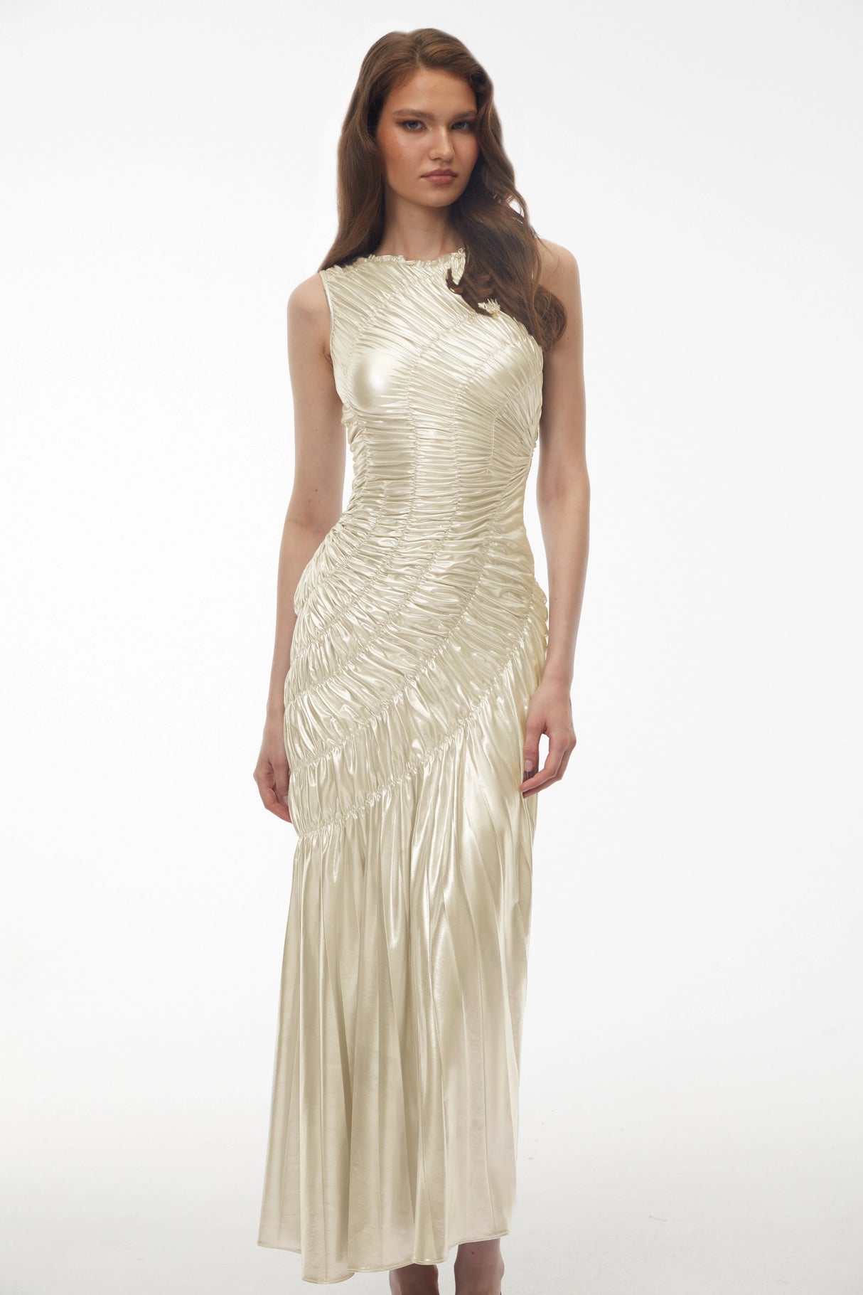 Hestia Champagne Ruched Asymmetrical Maxi Dress