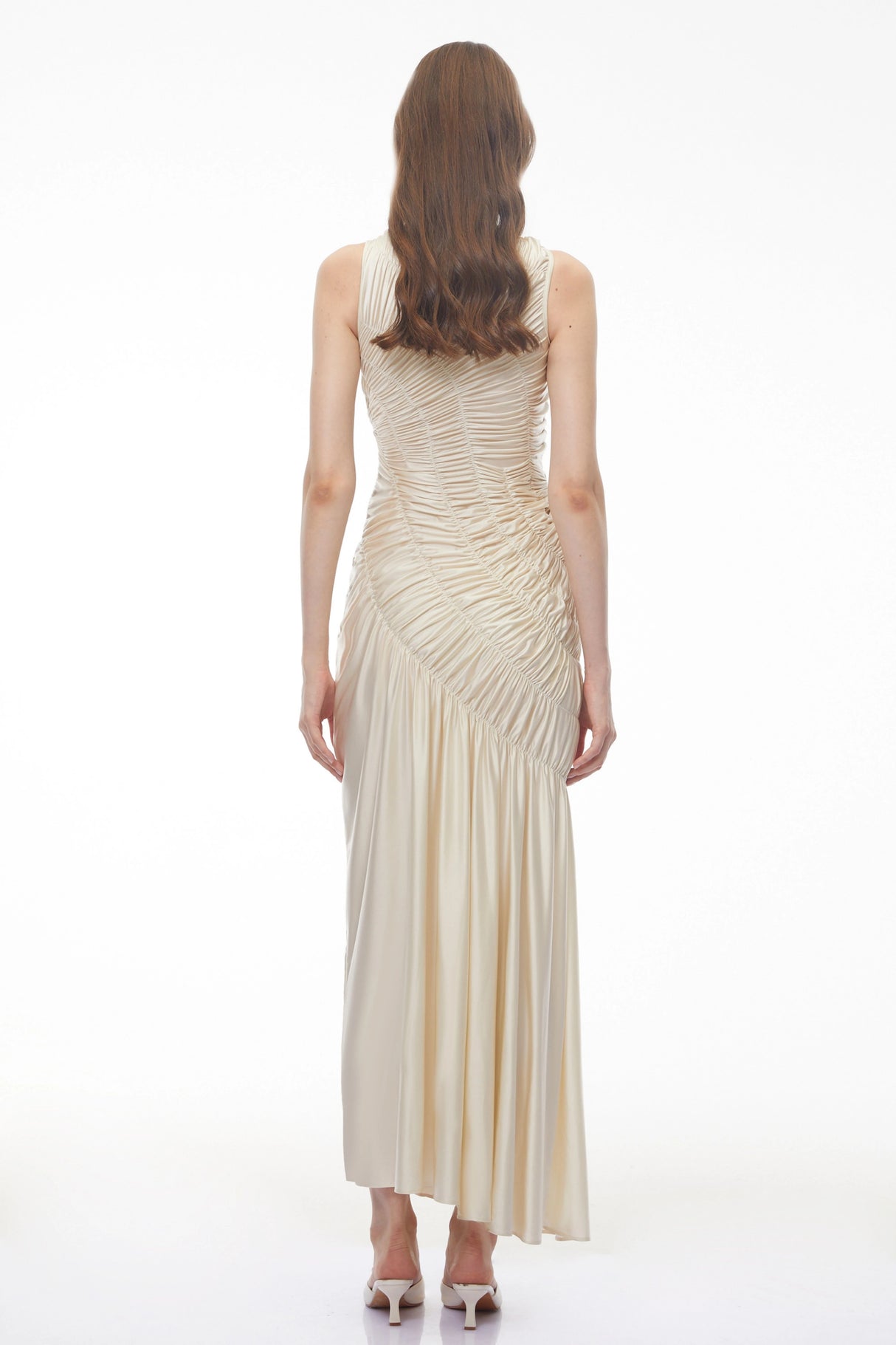 Hestia Champagne Ruched Asymmetrical Maxi Dress