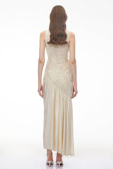 Hestia Champagne Ruched Asymmetrical Maxi Dress