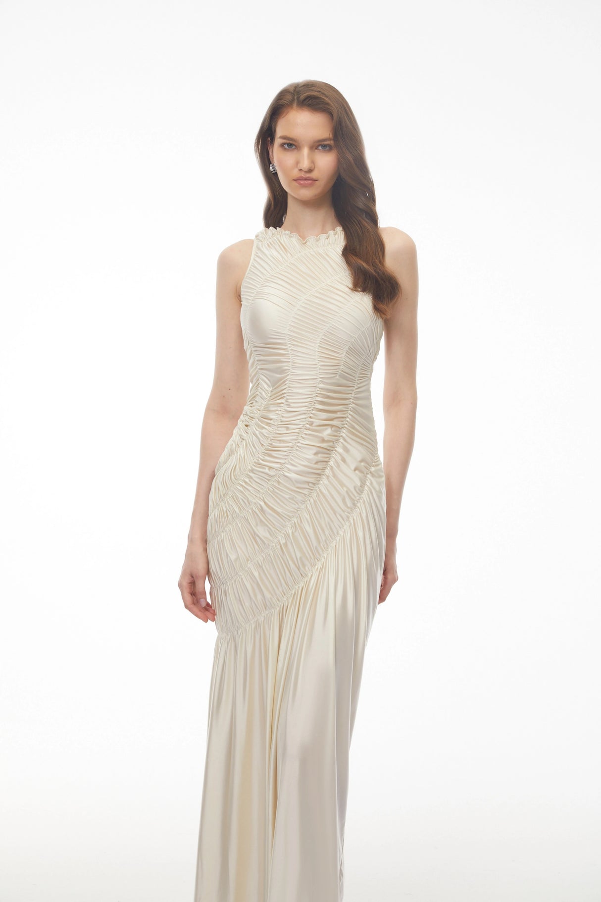 Hestia Champagne Ruched Asymmetrical Maxi Dress
