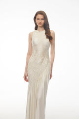 Hestia Champagne Ruched Asymmetrical Maxi Dress