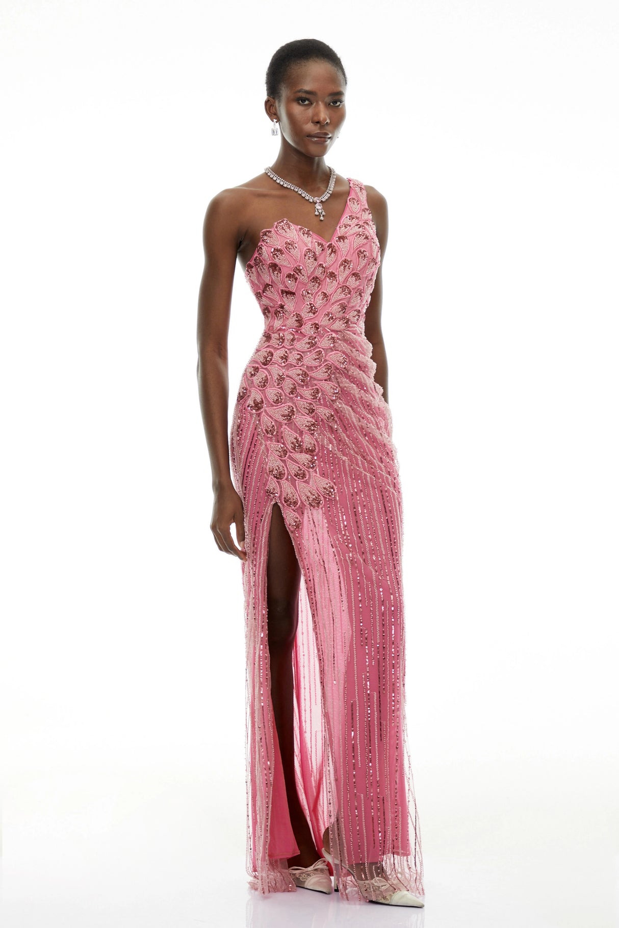 Hestia Pink Asymmetrical Embellished Maxi Dress