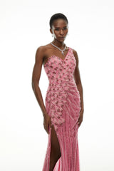 Hestia Pink Asymmetrical Embellished Maxi Dress