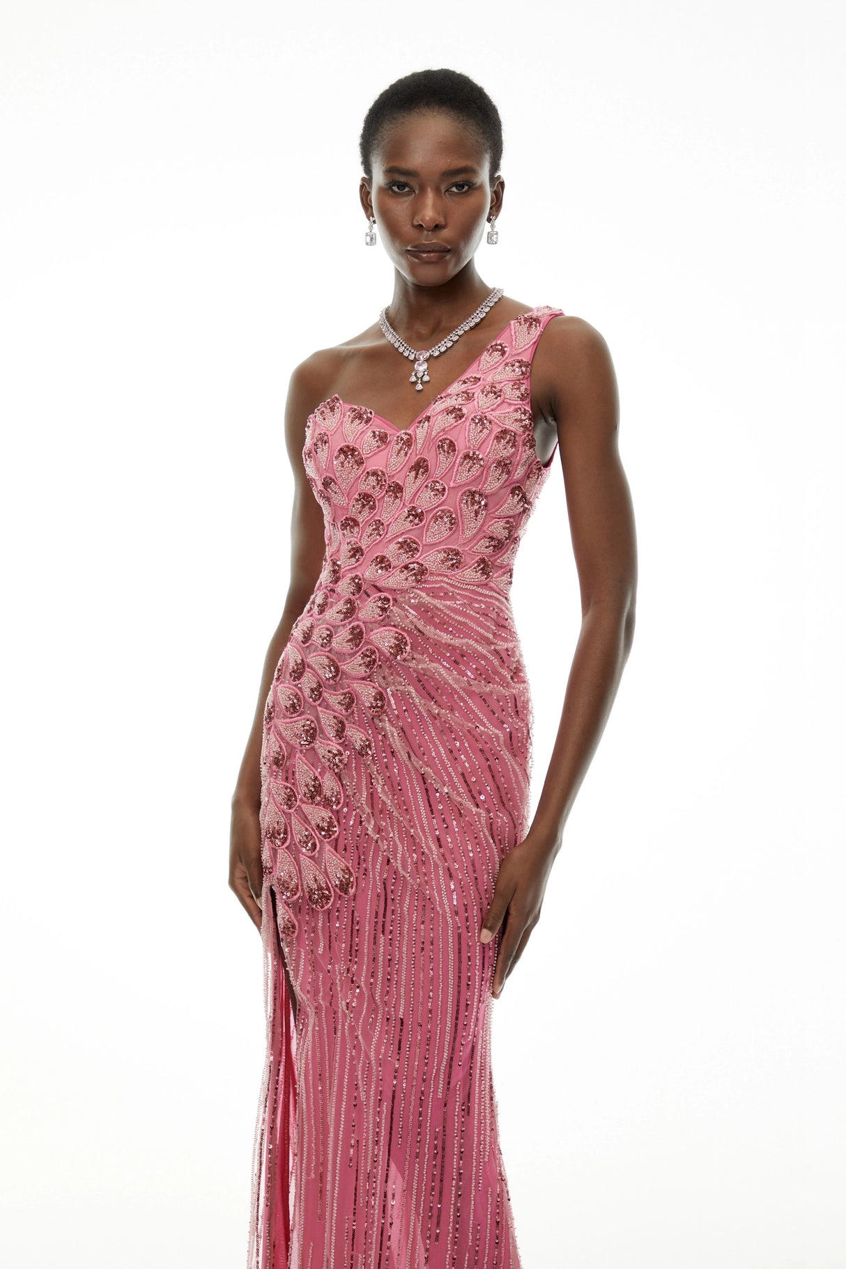 Hestia Pink Asymmetrical Embellished Maxi Dress