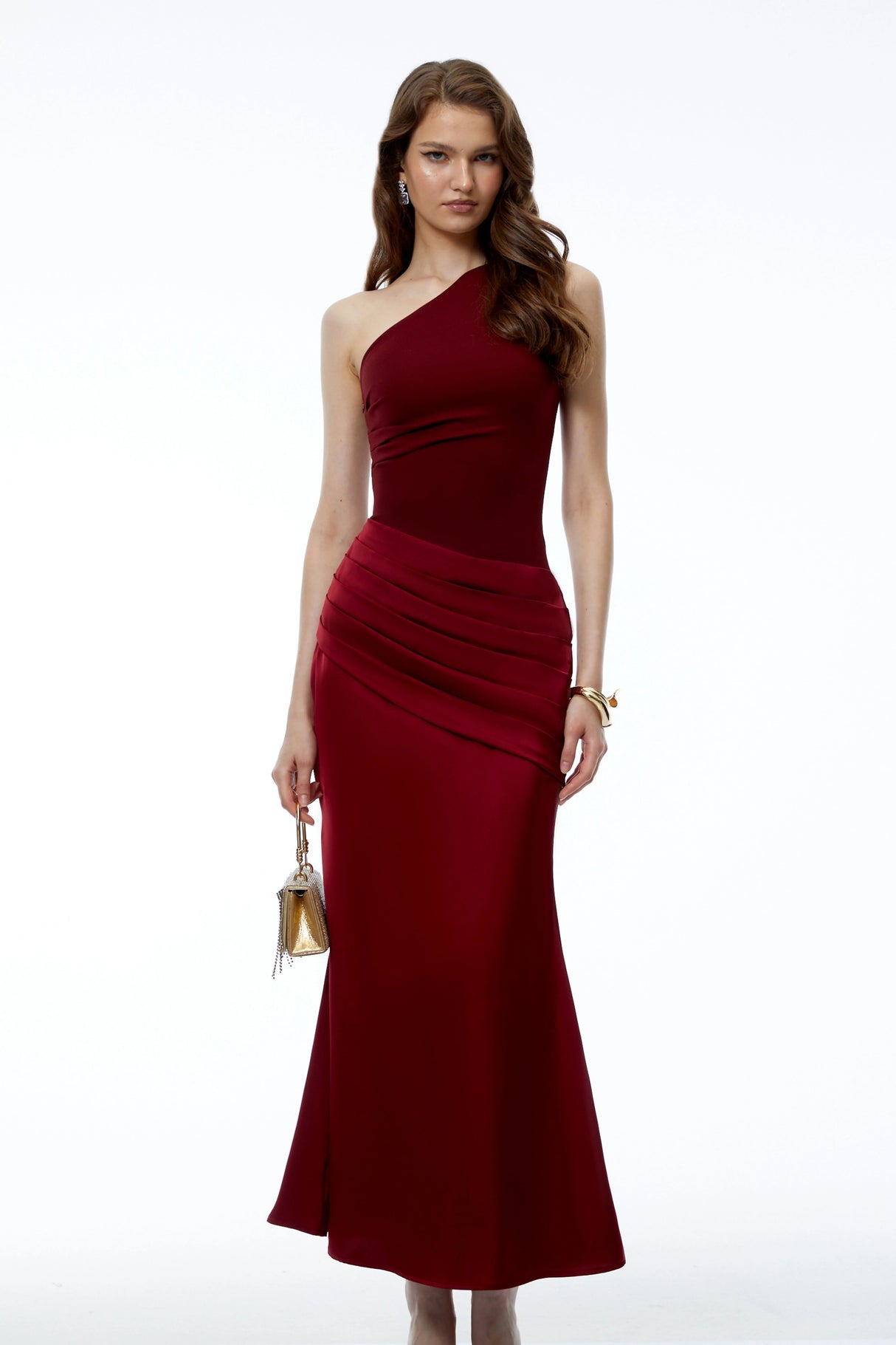 Hestia Red Ruched Maxi Dress with Satin Panels