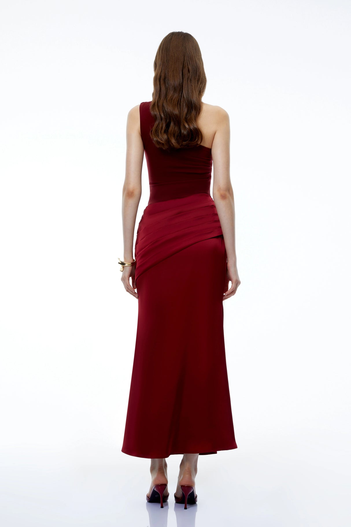 Hestia Red Ruched Maxi Dress with Satin Panels