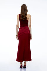 Hestia Red Ruched Maxi Dress with Satin Panels