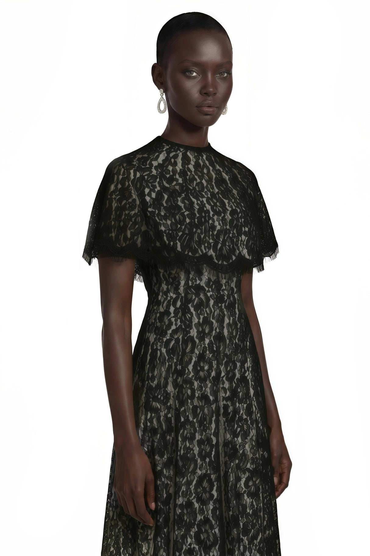 Hikawera Black Lace Maxi Dress with Cape