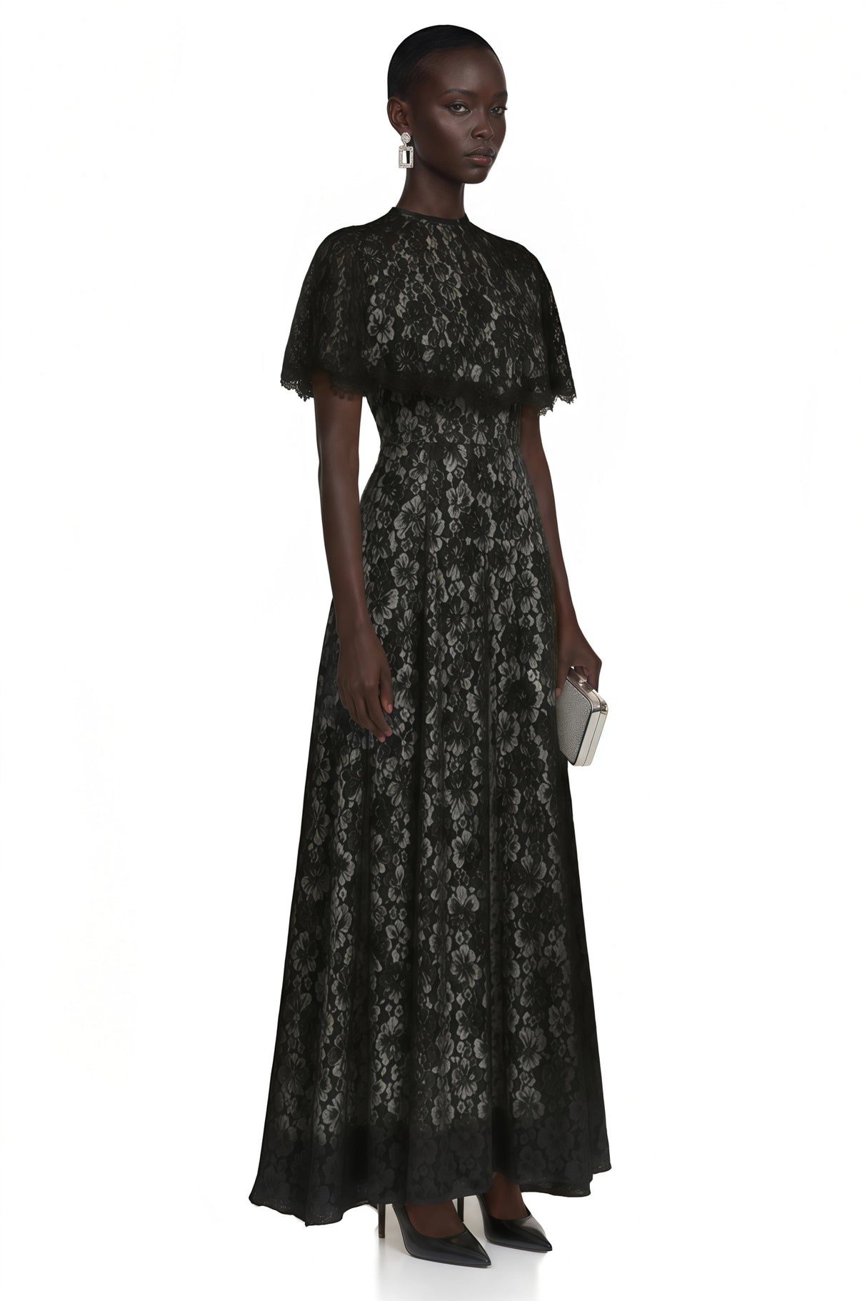 Hikawera Black Lace Maxi Dress with Cape