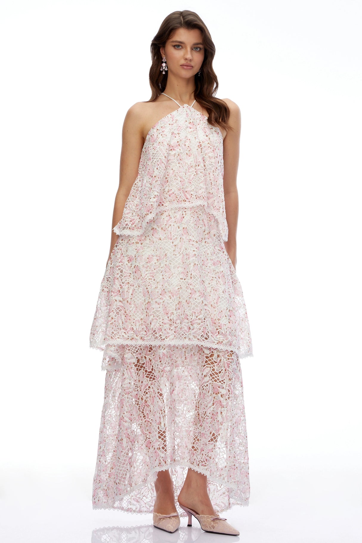 Hine Pink Halterneck Lace Maxi Dress