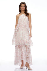 Hine Pink Halterneck Lace Maxi Dress