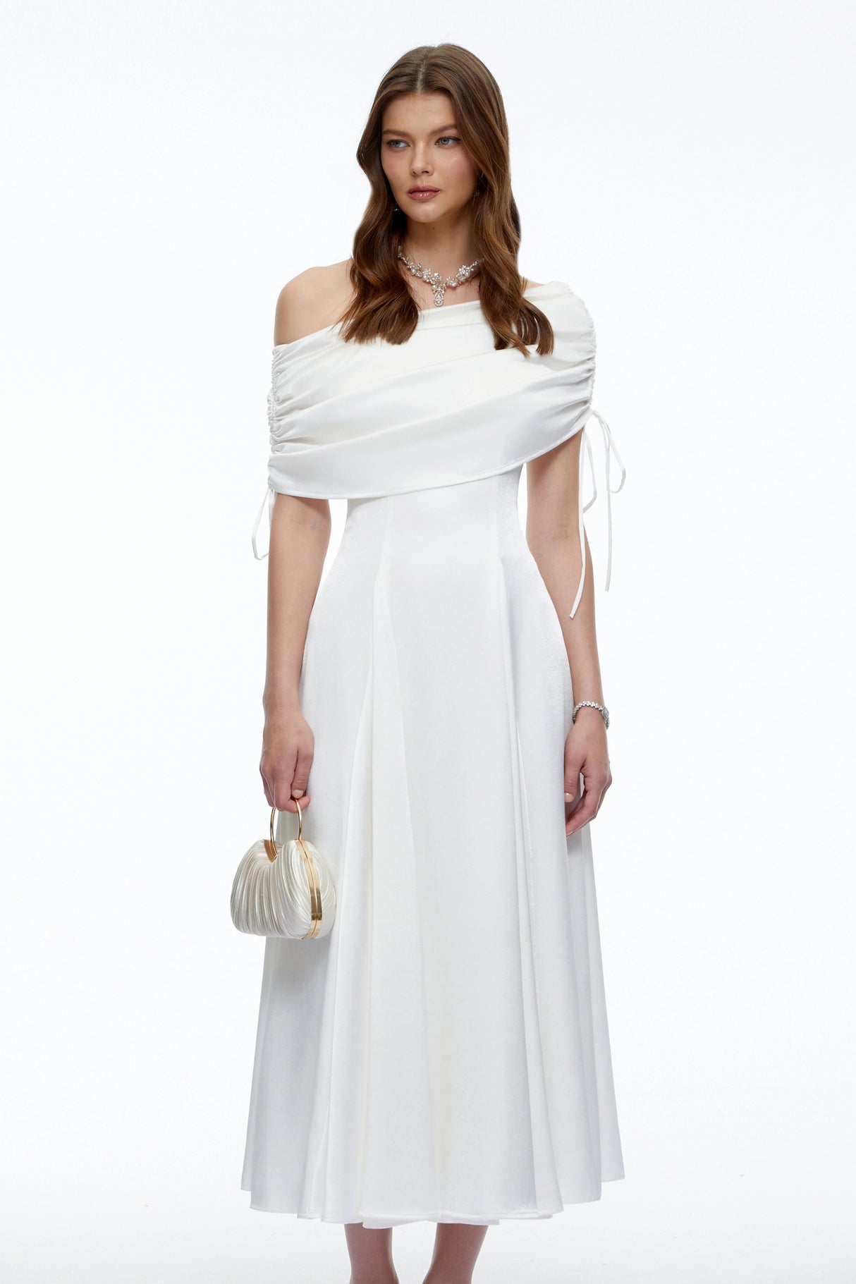 Hinerau White One Shoulder Ruched Satin Midi Dress
