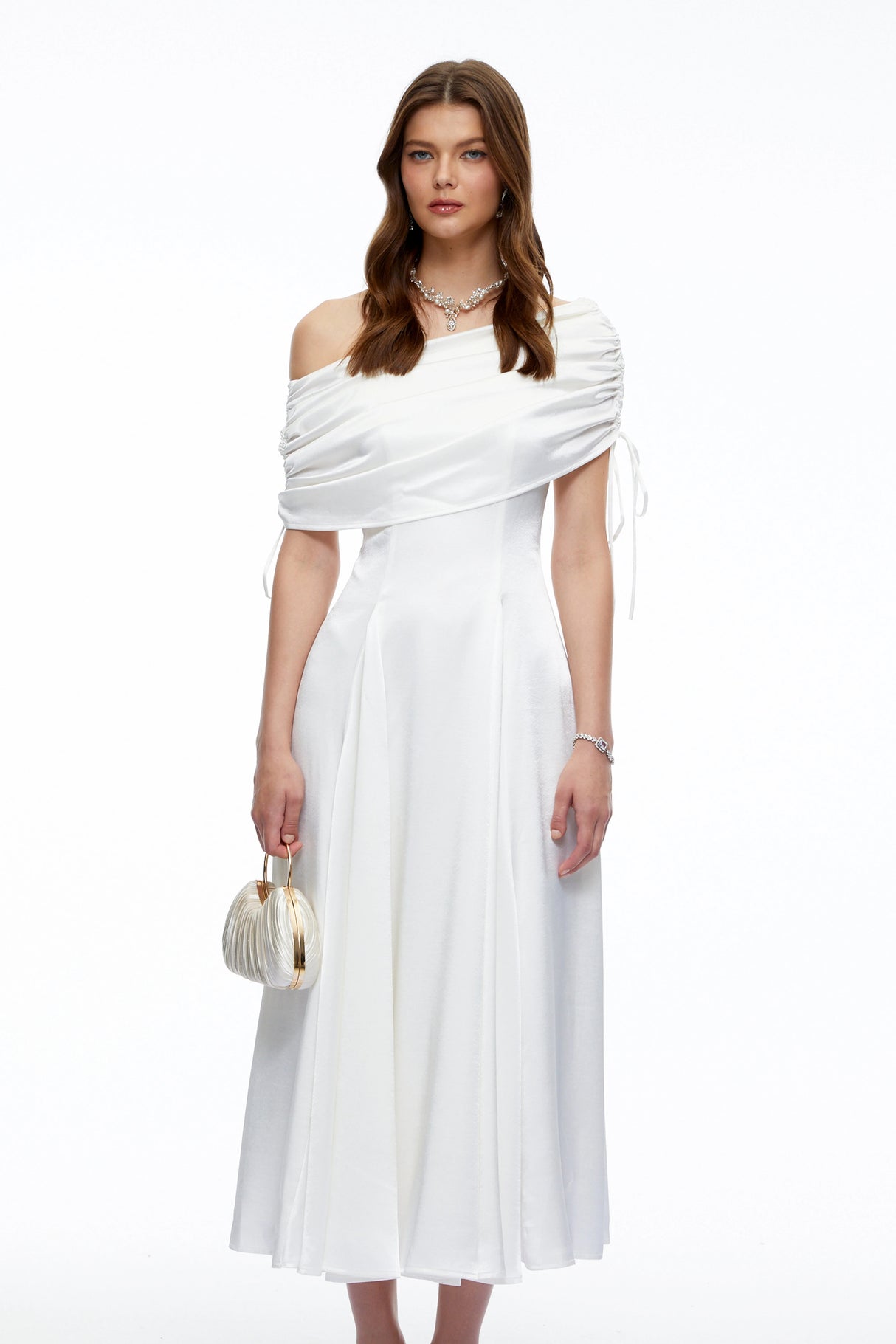 Hinerau White One Shoulder Ruched Satin Midi Dress