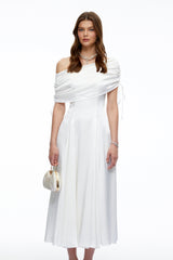 Hinerau White One Shoulder Ruched Satin Midi Dress