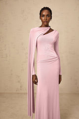 Holland Maxi Dress - Pink Diagonal Shawl Draped Ruched Silver - Tone