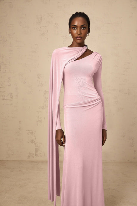 Holland Maxi Dress - Pink Diagonal Shawl Draped Ruched Silver - Tone