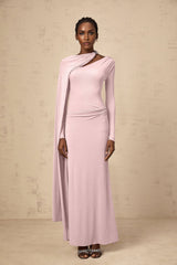 Holland Maxi Dress - Pink Diagonal Shawl Draped Ruched Silver - Tone