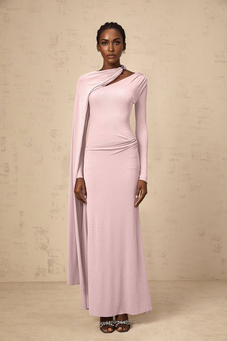 Holland Maxi Dress - Pink Diagonal Shawl Draped Ruched Silver - Tone