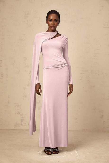 Holland Maxi Dress - Pink Diagonal Shawl Draped Ruched Silver - Tone