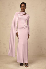Holland Maxi Dress - Pink Diagonal Shawl Draped Ruched Silver - Tone
