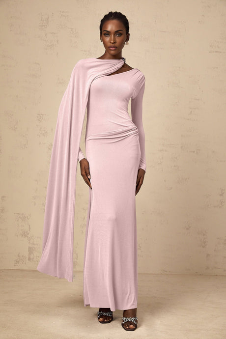 Holland Maxi Dress - Pink Diagonal Shawl Draped Ruched Silver - Tone
