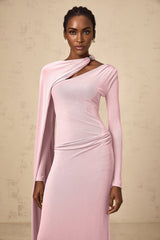 Holland Maxi Dress - Pink Diagonal Shawl Draped Ruched Silver - Tone