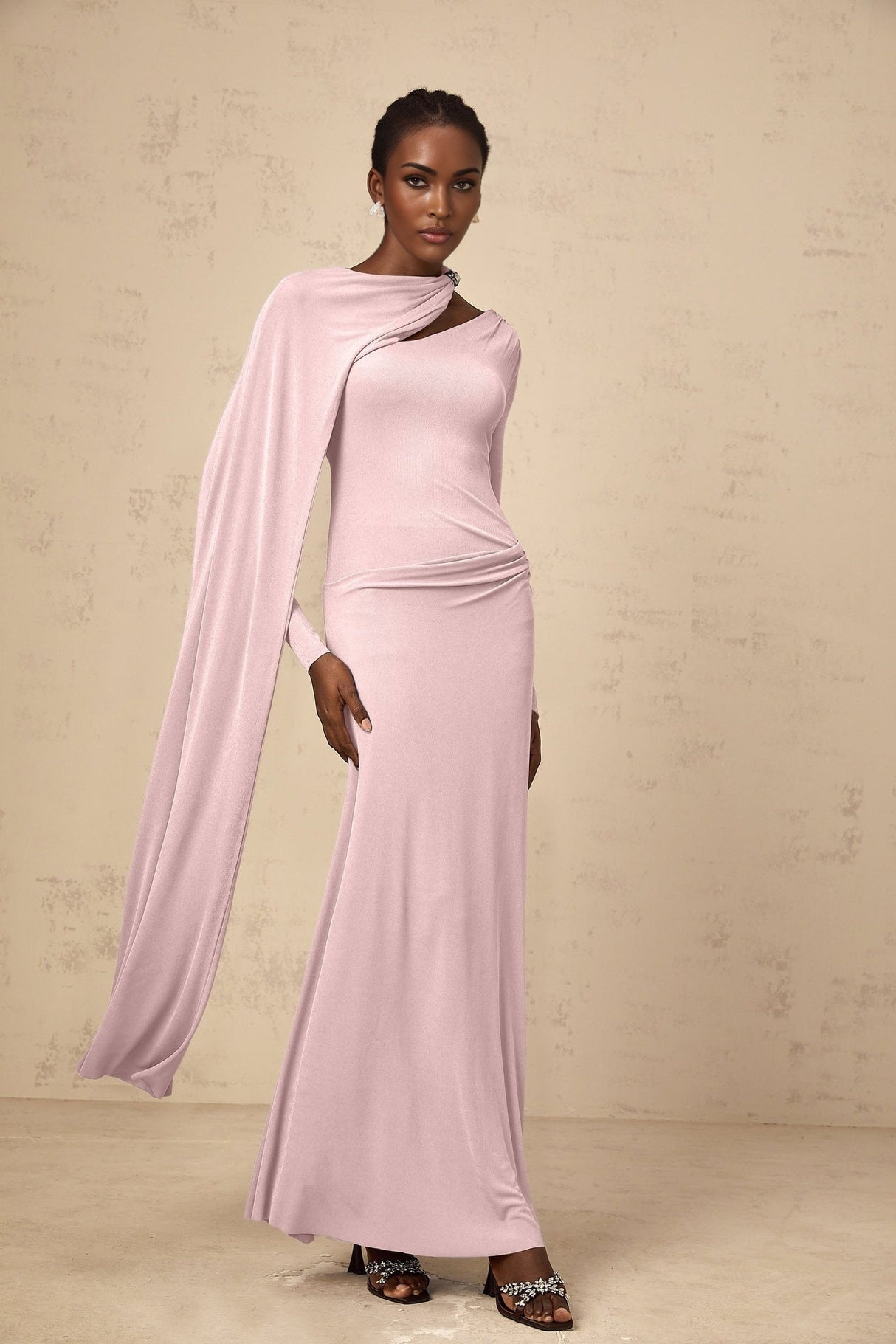 Holland Maxi Dress - Pink Diagonal Shawl Draped Ruched Silver - Tone
