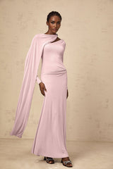 Holland Maxi Dress - Pink Diagonal Shawl Draped Ruched Silver - Tone