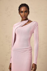 Holland Maxi Dress - Pink Diagonal Shawl Draped Ruched Silver - Tone