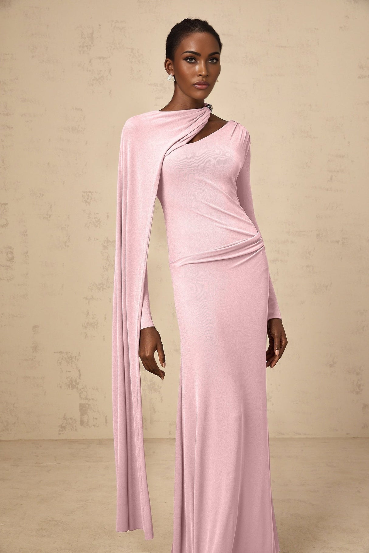 Holland Maxi Dress - Pink Diagonal Shawl Draped Ruched Silver - Tone