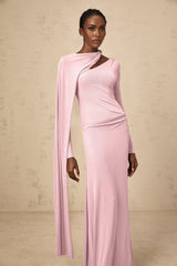 Holland Maxi Dress - Pink Diagonal Shawl Draped Ruched Silver - Tone