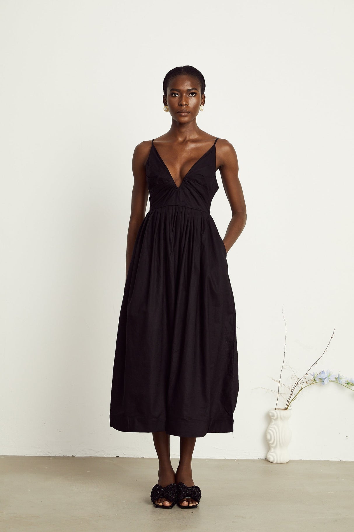 Holland Midi Dress - Bustier Style - Pleat Detailing - Flared Skirt - Smocked Details - Rear Zip Fastening