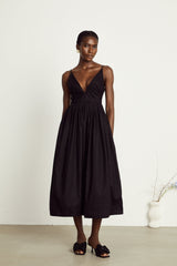 Holland Midi Dress - Bustier Style - Pleat Detailing - Flared Skirt - Smocked Details - Rear Zip Fastening